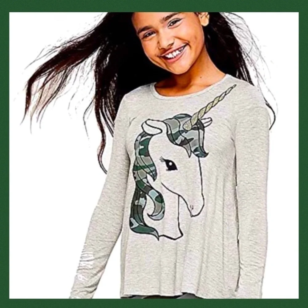 JUSTICE Camo Unicorn Long Sleeve Grey Graphic Tee
